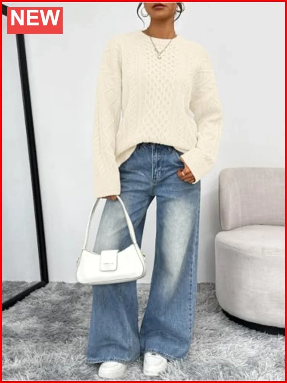 Oversized Cable Knit Crewneck Pullover Sweater Long Sleeve Fall Winter